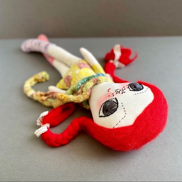 Red Haired Hand-Embroidered Fabric Art Doll - Picture 4 of 7